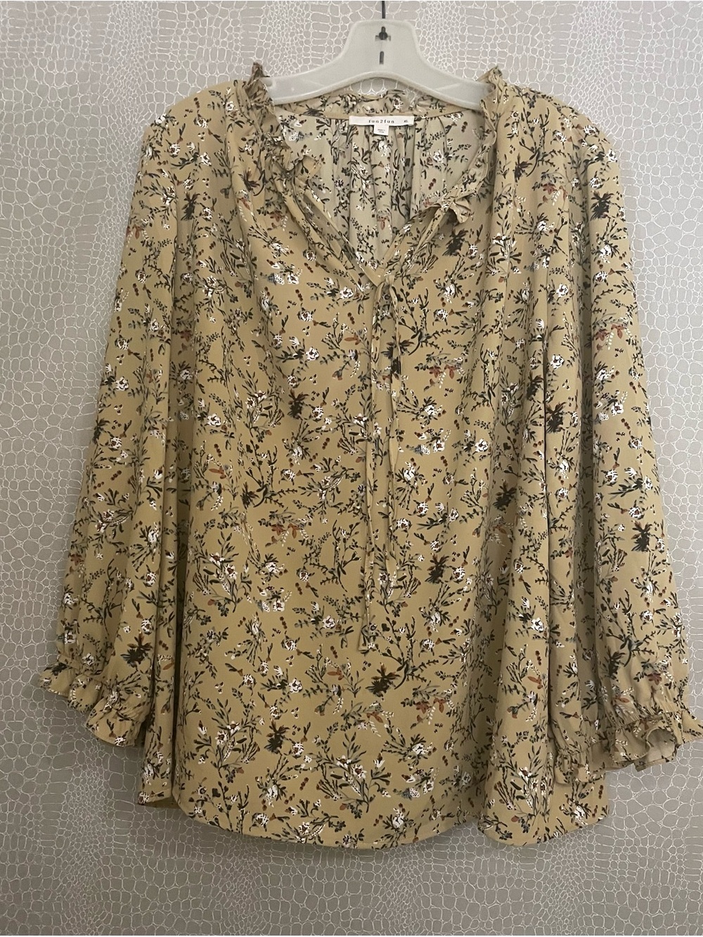 fun 2 fun Beige Floral Ruffle Tie-Neck Blouse